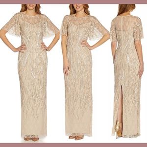 NWT $349 Adrianna Papell [‎ Petite 8P ] Embellished Lace Gown in Biscotti Cream